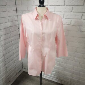 Lands' End Ladies No Iron Pinpoint Oxford 3/4 Length Sleeves Pink Shirt